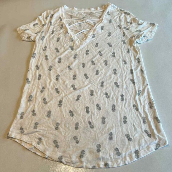 Womens Medium White Pineapple Print Lace-Up V-Neck‎ T-Shirt Summer Casual Top - Picture 1 of 9